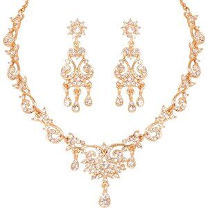 Indian Bollywood Rhinestone Necklace Set in Gold & White, Elegant Design